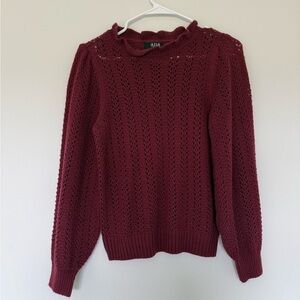 a.n.a Women's Burgundy Open Knit Ruffle-Trim Sweater